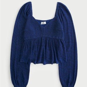 HOLLISTER LONG-SLEEVE SMOCKED BUST BABYDOLL TOP (NAVY)